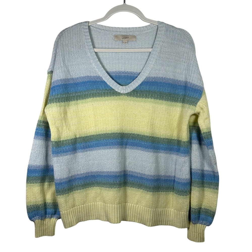 Loft Womens Blue Yellow Striped V-Neck Shaker Knit Cotton Blend Sweater Medium